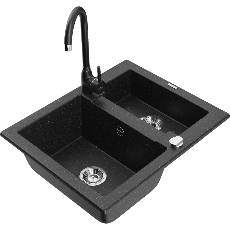 Mexen Carlos granite sink 1.5-bowl with Telma kitchen tap, black/silver metallic - 6518-73-670200-70