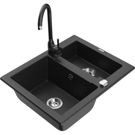 Mexen Carlos granite sink 1.5-bowl with Telma kitchen faucet, black/silver metallic - 6518-73-670200-70