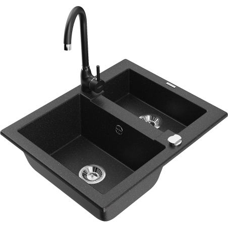 Mexen Carlos granite sink 1.5-bowl with Telma kitchen tap, black/silver metallic - 6518-73-670200-70