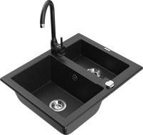 Mexen Carlos 1.5-bowl granite sink with Telma kitchen faucet, black/silver metallic - 6518-73-670200-70