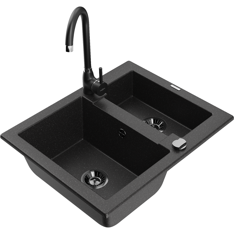 Mexen Carlos granite kitchen sink 1.5-bowl with Telma kitchen tap, black/silver metallic - 6518-73-670200-70-B