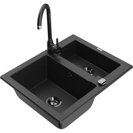 Mexen Carlos 1.5-bowl granite sink with Telma kitchen faucet, black/silver metallic - 6518-73-670200-70-B