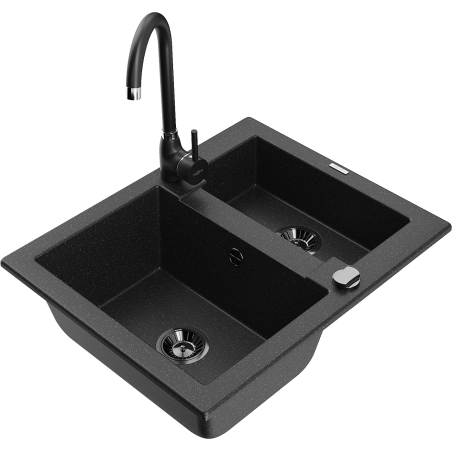 Mexen Carlos granite kitchen sink 1.5-bowl with Telma kitchen tap, black/silver metallic - 6518-73-670200-70-B