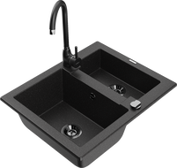 Mexen Carlos granite kitchen sink 1.5-bowl with Telma kitchen tap, black/silver metallic - 6518-73-670200-70-B
