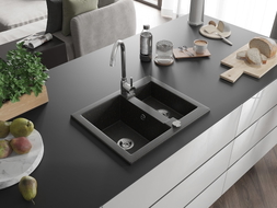 Mexen Carlos granite sink 1.5-bowl with kitchen faucet Telma, black/gold metallic - 6518-75-670200-00