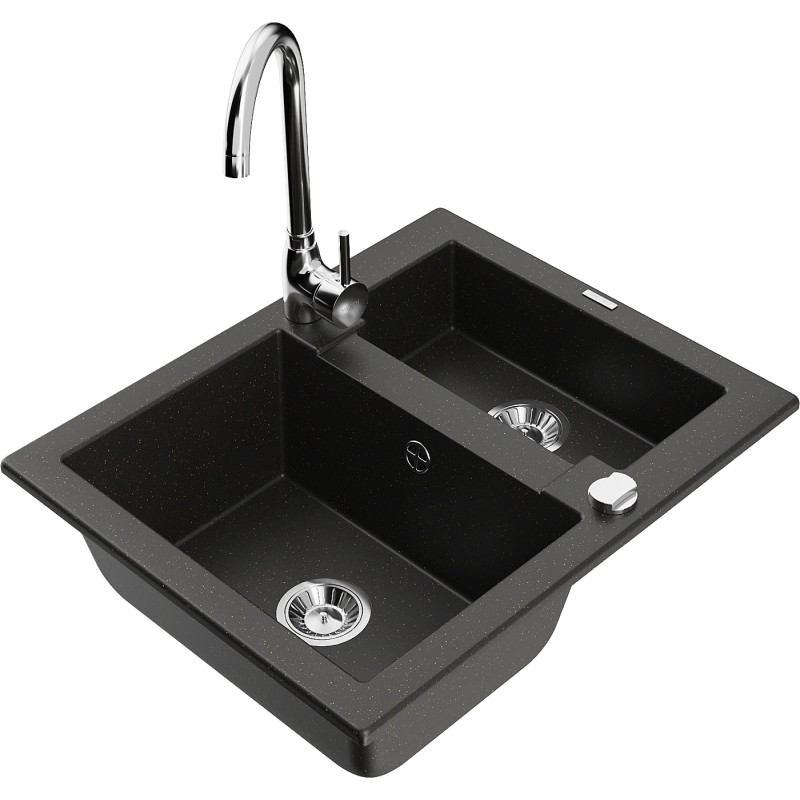 Mexen Carlos granite sink 1.5-bowl with Telma kitchen faucet, black/gold metallic - 6518-75-670200-00