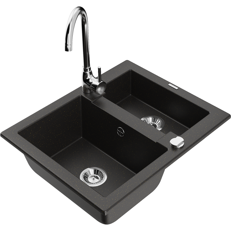 Mexen Carlos granite sink 1.5-bowl with Telma kitchen tap, black/gold metallic - 6518-75-670200-00