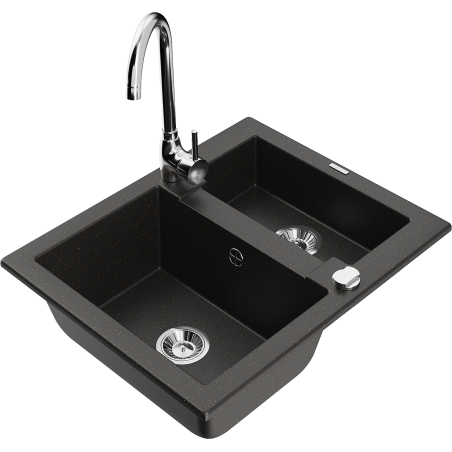 Mexen Carlos granite sink 1.5-bowl with kitchen faucet Telma, black/gold metallic - 6518-75-670200-00