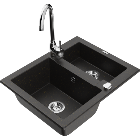 Mexen Carlos granite sink 1.5-bowl with Telma kitchen tap, black/gold metallic - 6518-75-670200-00