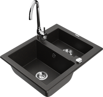 Mexen Carlos granite sink 1.5-bowl with kitchen faucet Telma, black/gold metallic - 6518-75-670200-00