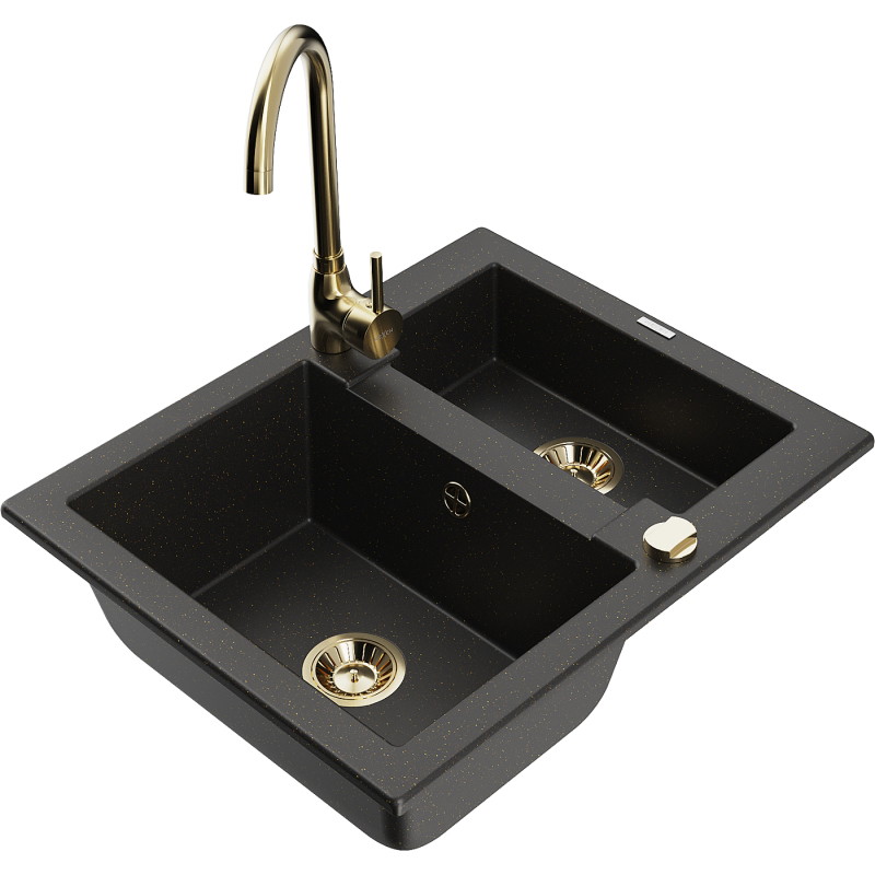 Mexen Carlos 1.5-bowl granite sink with Telma kitchen faucet, black/gold metallic - 6518-75-670200-50
