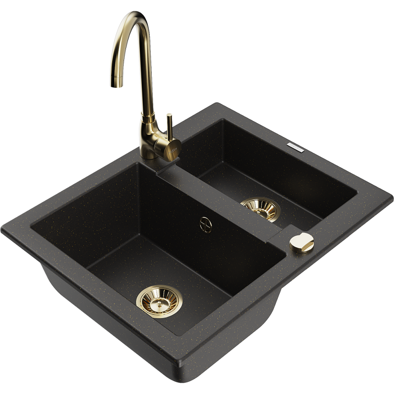 Mexen Carlos 1.5-bowl granite sink with Telma kitchen tap, black/golden metallic - 6518-75-670200-50