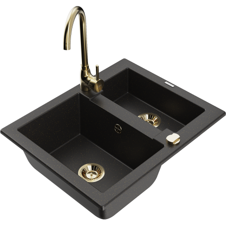 Mexen Carlos 1.5-bowl granite sink with Telma kitchen faucet, black/gold metallic - 6518-75-670200-50