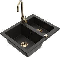 Mexen Carlos 1.5-bowl granite sink with Telma kitchen tap, black/golden metallic - 6518-75-670200-50
