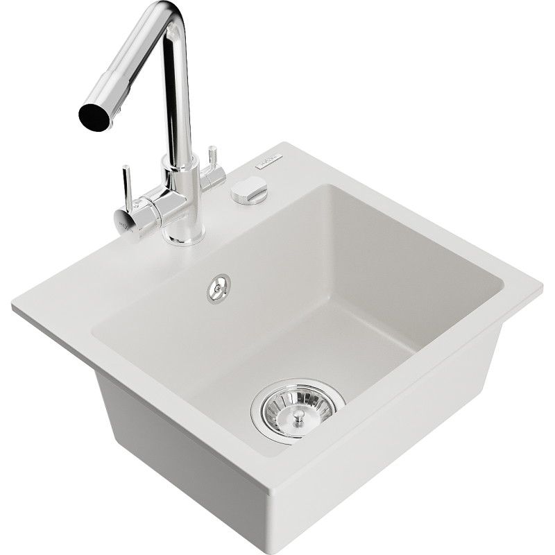 Mexen Milo granite single-bowl sink with Duero kitchen faucet, white - 6505-20-671600-00