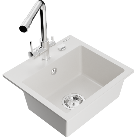Mexen Milo 1-compartment granite sink with a kitchen mixer tap Duero, White - 6505-20-671600-00