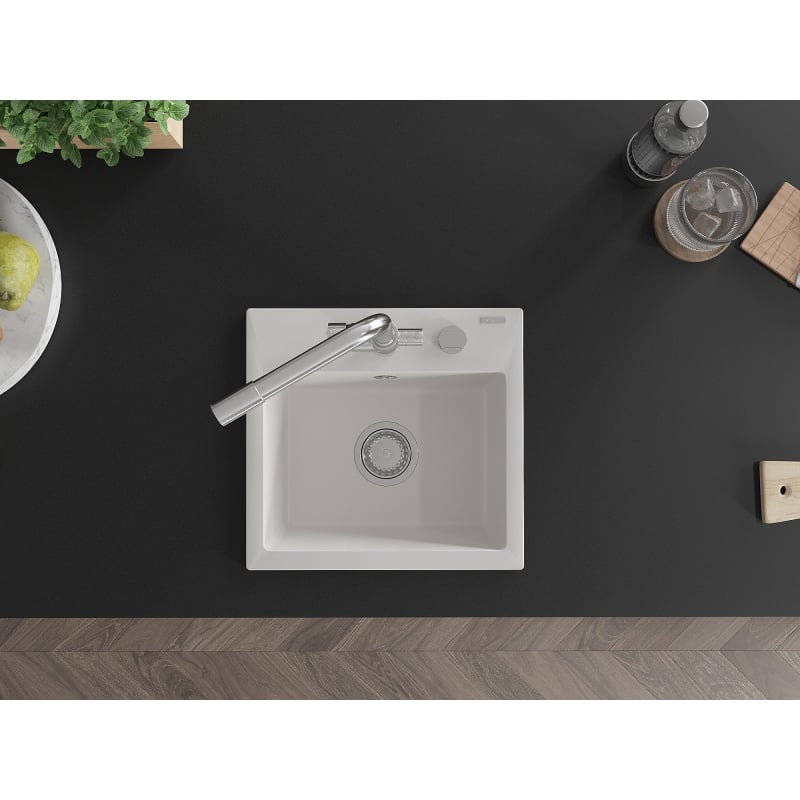 Mexen Milo 1-bowl granite sink with Duero kitchen faucet, white - 6505-20-671600-00