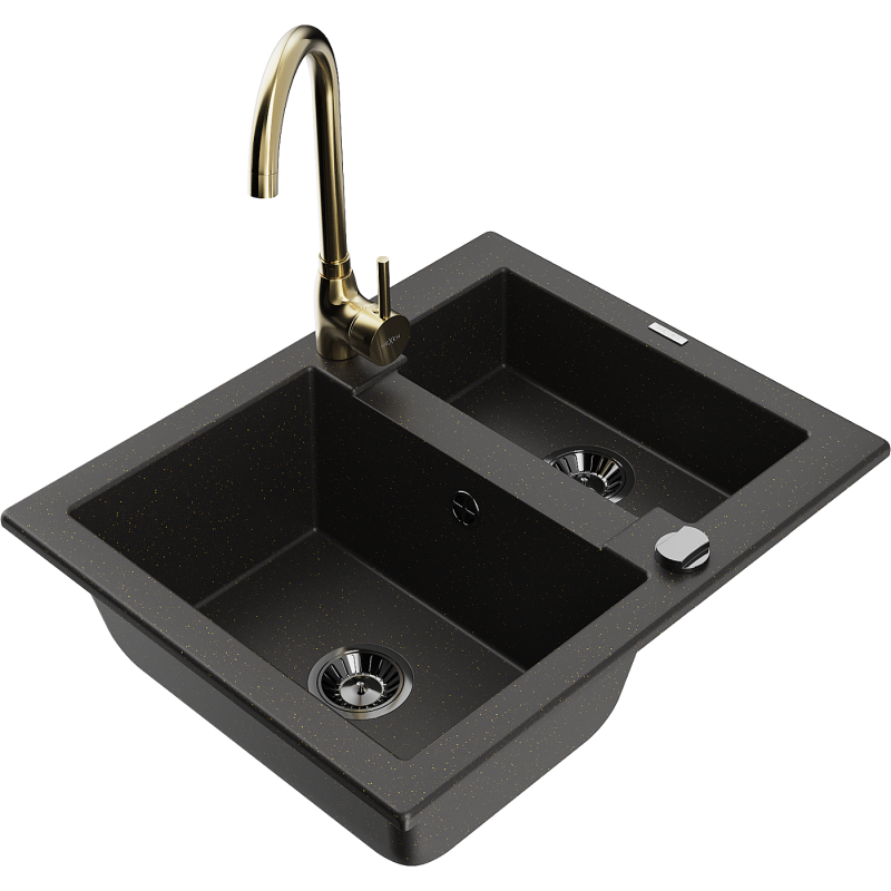 Mexen Carlos black/golden metallic granite kitchen sink 1.5-bowl with Telma tap - 6518-75-670200-50-B