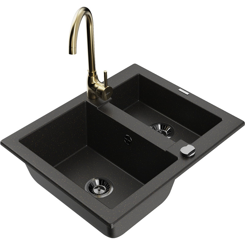 Mexen Carlos granite sink 1.5-bowl with Telma kitchen faucet, black/gold metallic - 6518-75-670200-50-B