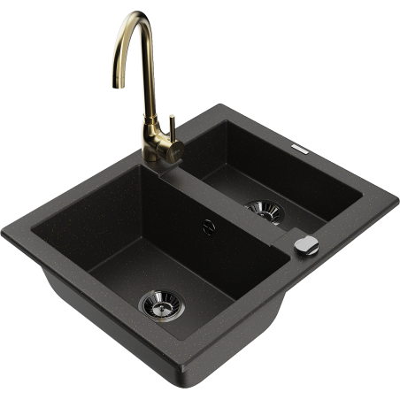 Mexen Carlos 1,5-compartment granite sink with a kitchen mixer tap Telma, Black/Gold metallic - 6518-75-670200-50-B