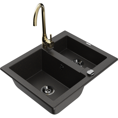 Mexen Carlos granite sink 1.5-bowl with Telma kitchen faucet, black/gold metallic - 6518-75-670200-50-B