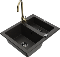 Mexen Carlos granite sink 1.5-bowl with Telma kitchen faucet, black/gold metallic - 6518-75-670200-50-B