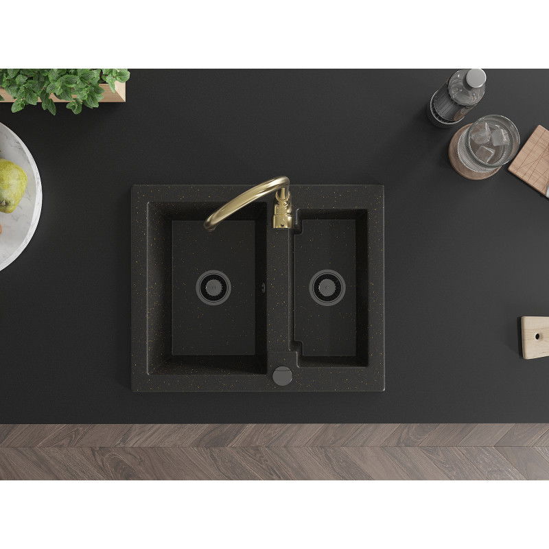 Mexen Carlos black/golden metallic granite kitchen sink 1.5-bowl with Telma tap - 6518-75-670200-50-B