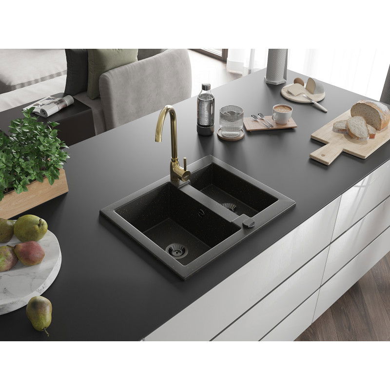 Mexen Carlos black/golden metallic granite kitchen sink 1.5-bowl with Telma tap - 6518-75-670200-50-B
