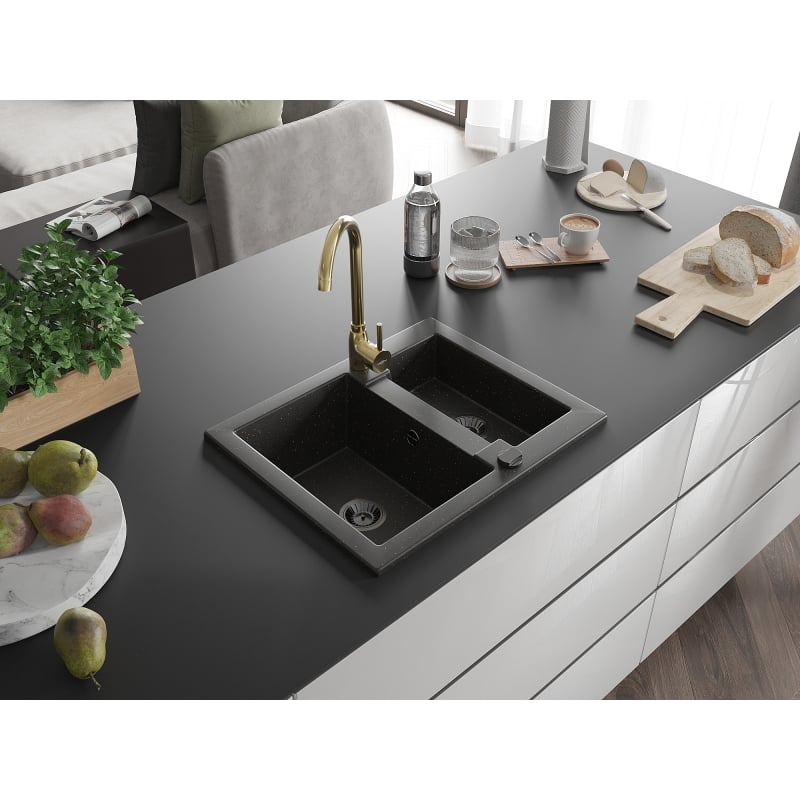 Mexen Carlos granite sink 1.5-bowl with Telma kitchen faucet, black/gold metallic - 6518-75-670200-50-B