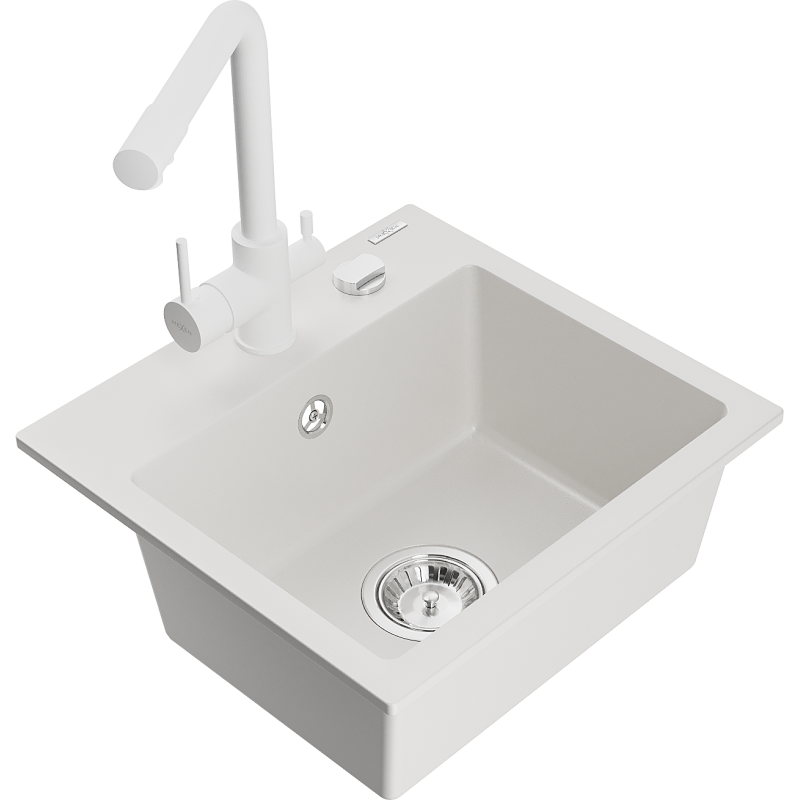 Mexen Milo 1-bowl granite sink with Duero kitchen tap, white - 6505-20-671600-20