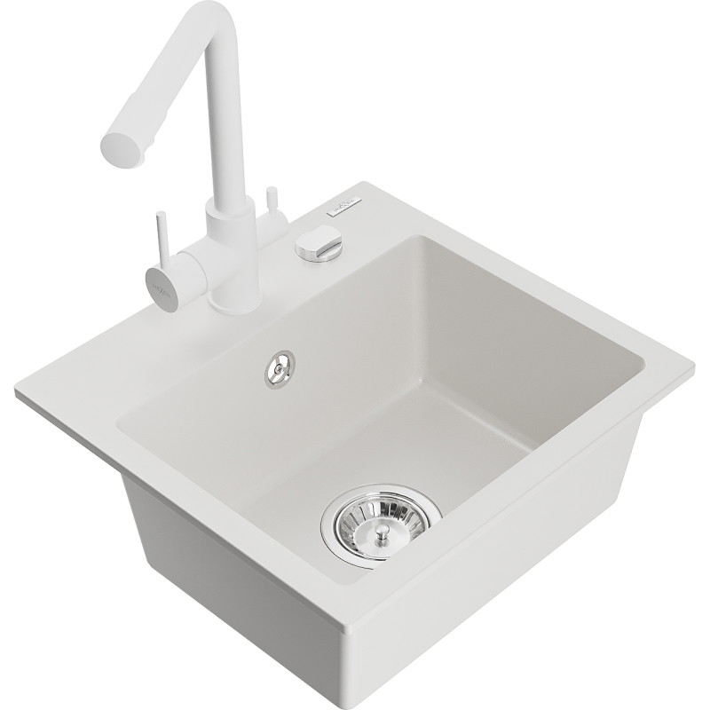 Mexen Milo granite kitchen sink 1-bowl with Duero kitchen faucet, white - 6505-20-671600-20