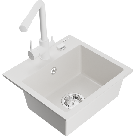 Mexen Milo 1-bowl granite sink with Duero kitchen tap, white - 6505-20-671600-20