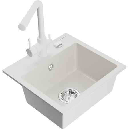 Mexen Milo granite kitchen sink 1-bowl with Duero kitchen faucet, white - 6505-20-671600-20