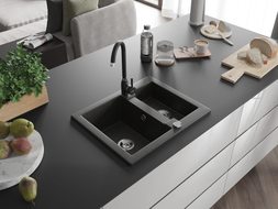 Mexen Carlos 1.5-bowl granite sink with Telma kitchen faucet, black/gold metallic - 6518-75-670200-70
