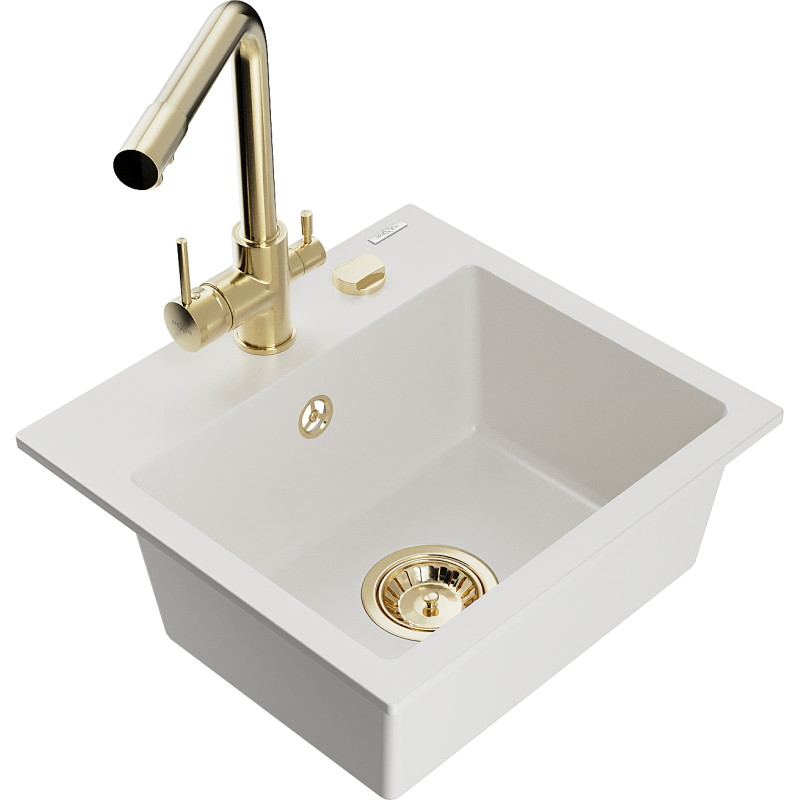 Mexen Milo 1-bowl granite sink with Duero kitchen faucet, white - 6505-20-671600-50