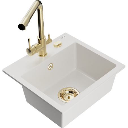 Mexen Milo 1-bowl granite sink with Duero kitchen faucet, white - 6505-20-671600-50