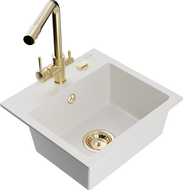 Mexen Milo 1-bowl granite sink with Duero kitchen tap, white - 6505-20-671600-50