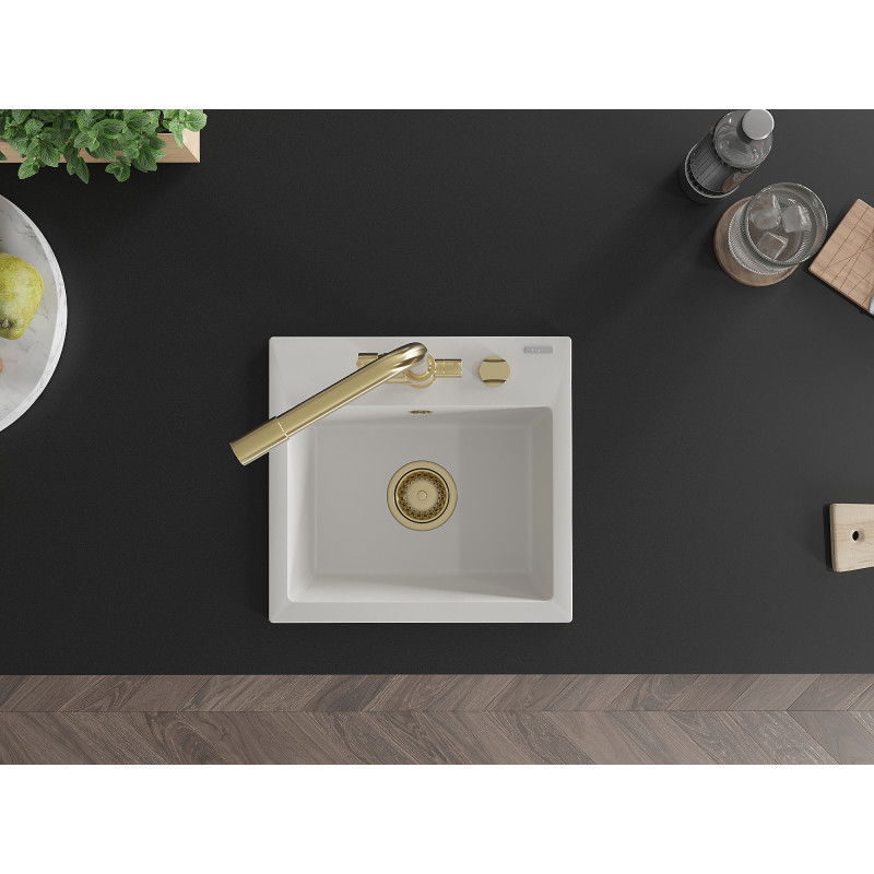 Mexen Milo 1-bowl granite sink with Duero kitchen tap, white - 6505-20-671600-50