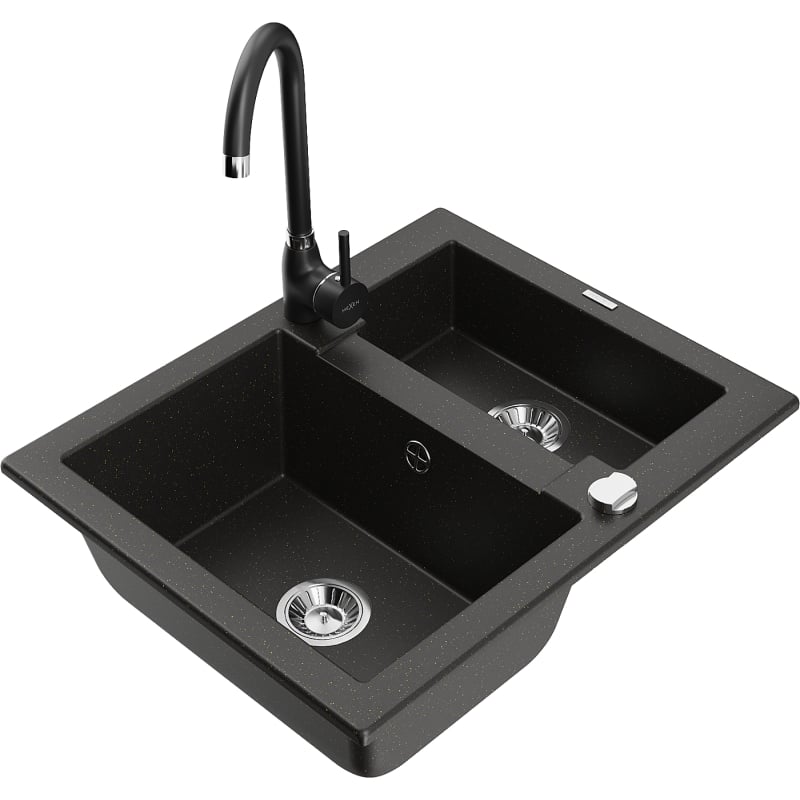 Mexen Carlos granite sink 1.5-bowl with Telma kitchen faucet, black/gold metallic - 6518-75-670200-70