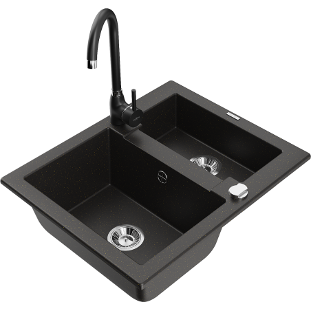 Mexen Carlos 1.5-bowl granite sink with Telma kitchen faucet, black/gold metallic - 6518-75-670200-70
