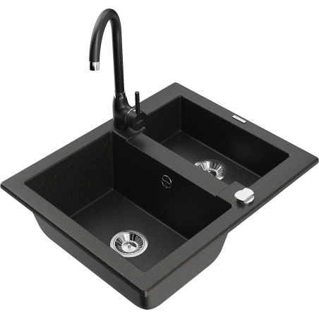 Mexen Carlos granite sink 1.5-bowl with Telma kitchen faucet, black/gold metallic - 6518-75-670200-70