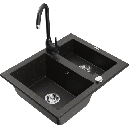 Mexen Carlos granite sink 1.5-bowl with Telma kitchen tap, black/gold metallic - 6518-75-670200-70