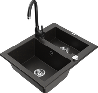 Mexen Carlos 1.5-bowl granite sink with Telma kitchen faucet, black/gold metallic - 6518-75-670200-70