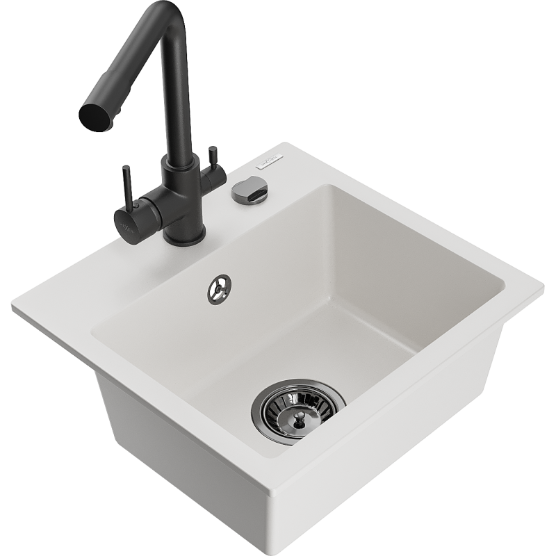 Mexen Milo 1-compartment granite sink with a kitchen mixer tap Duero, White - 6505-20-671600-70