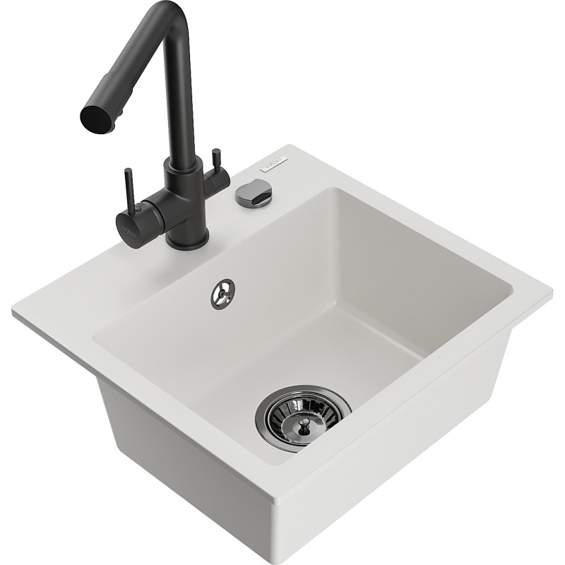 Mexen Milo granite kitchen sink 1-bowl with Duero kitchen faucet, white - 6505-20-671600-70