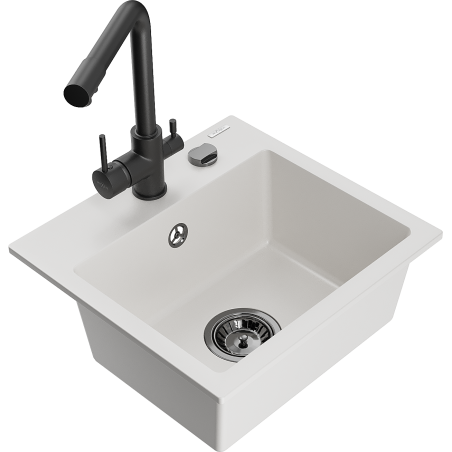 Mexen Milo 1-compartment granite sink with a kitchen mixer tap Duero, White - 6505-20-671600-70