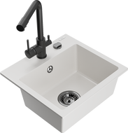 Mexen Milo 1-bowl granite sink with Duero kitchen faucet, white - 6505-20-671600-70