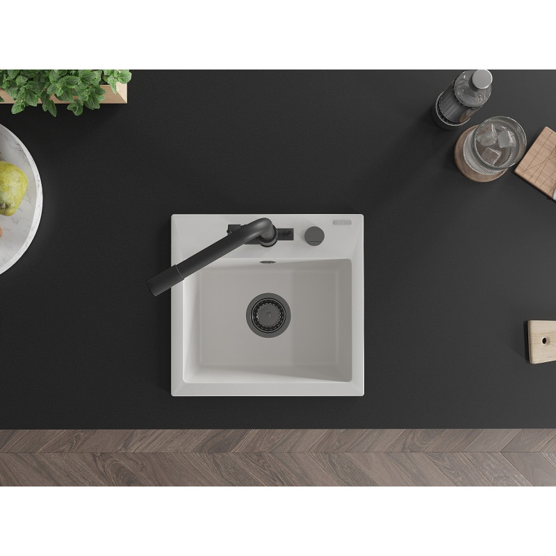 Mexen Milo granite kitchen sink 1-bowl with Duero kitchen faucet, white - 6505-20-671600-70