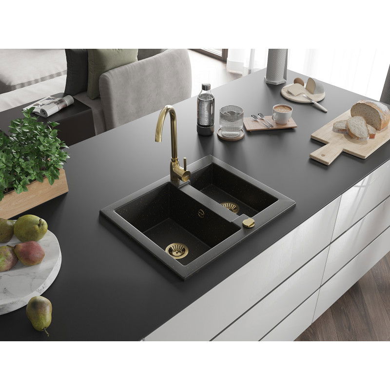 Mexen Carlos 1.5-bowl granite sink with Telma kitchen tap, black/golden metallic - 6518-75-670200-50