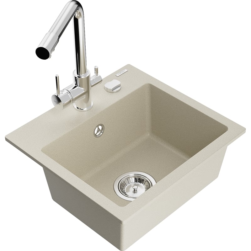 Mexen Milo 1-bowl granite sink with Duero kitchen faucet, beige - 6505-69-671600-00